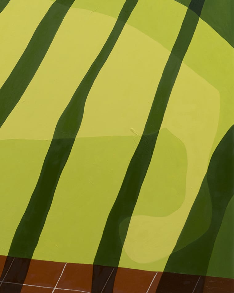 detail of Natalia Juncadella painting of white fence and grass with shadows cast over it