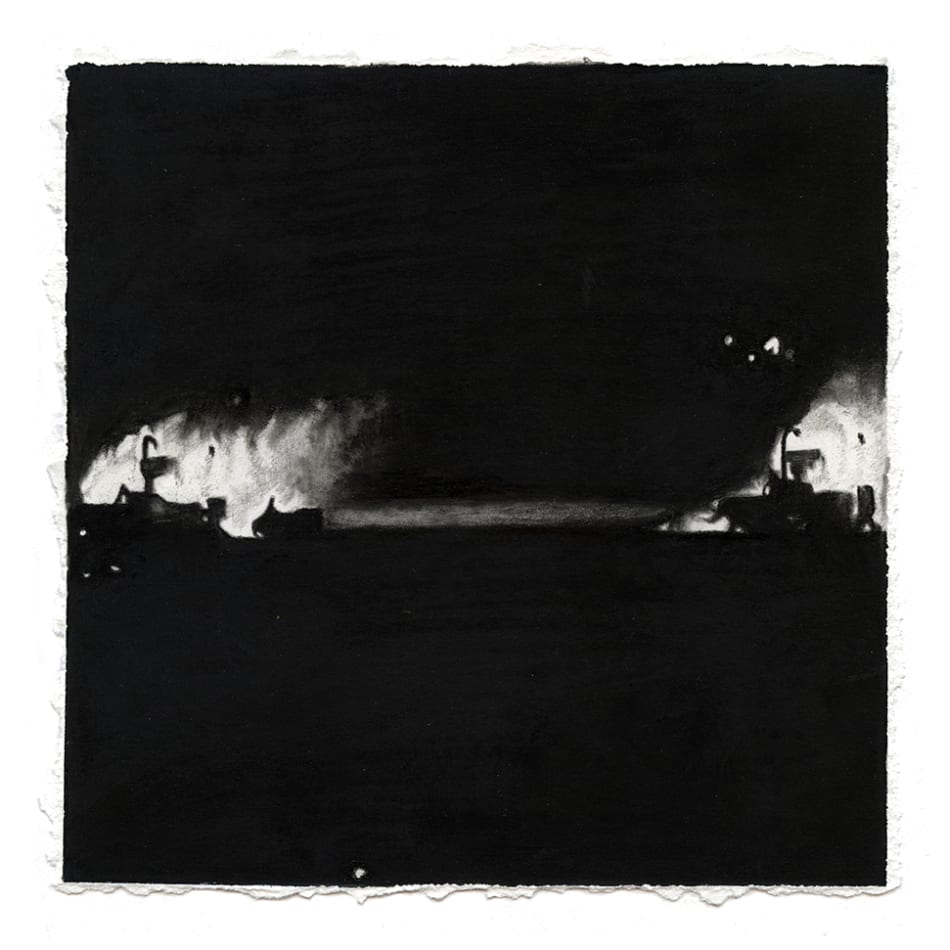 Joel Daniel Phillips Broken Plains drawing series of dark black charcoal with fire in distance