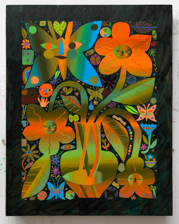 Rachel Hayden's painting of orange and green flowers with faces