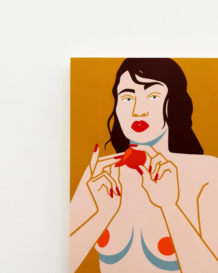 Painting of woman eating a clementine topless on a mustard yellow background by Jillian Evelyn