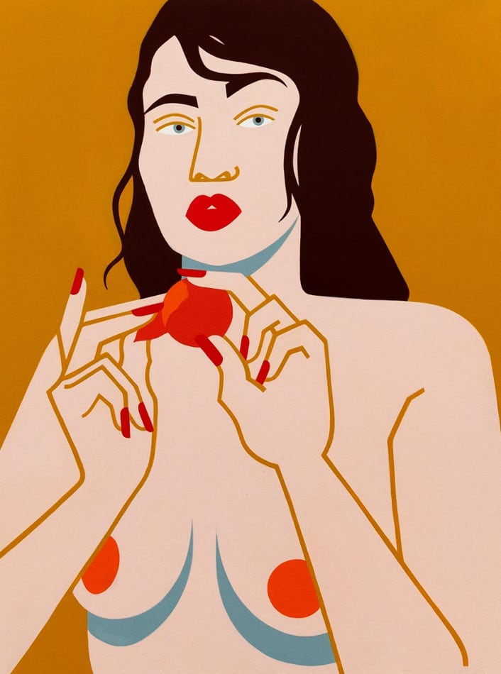 Painting of woman eating a clementine topless on a mustard yellow background by Jillian Evelyn