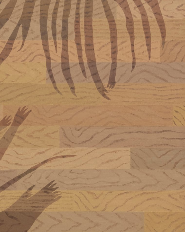 detail of Natalia Juncadella painting of wood floor with cast shadows from plant