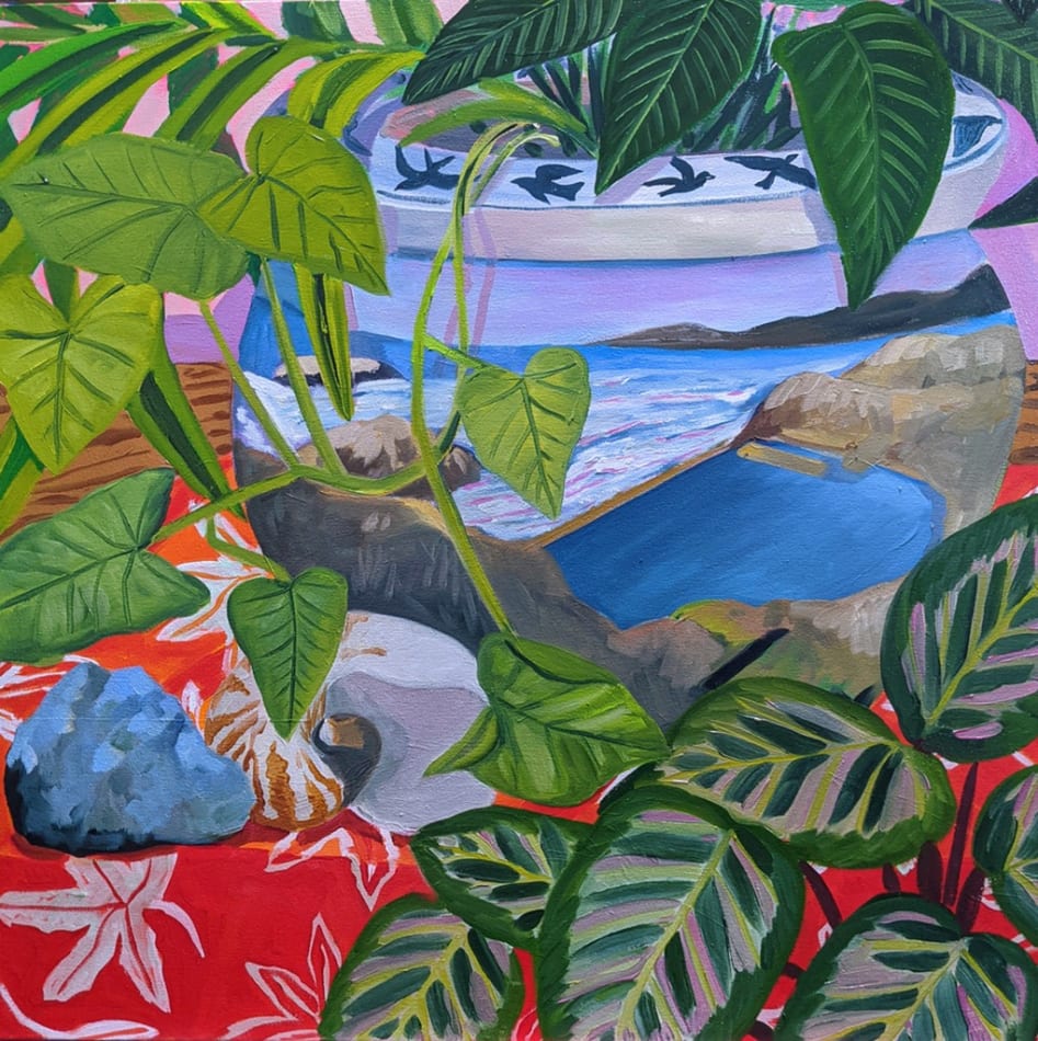 Anna Valdez painting of vessel with large leaves coming out