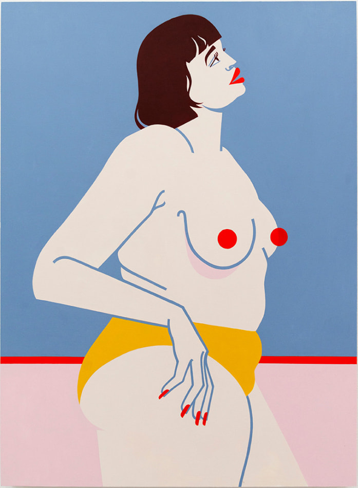 Painting of topless woman in yellow underwear by Jillian Evelyn