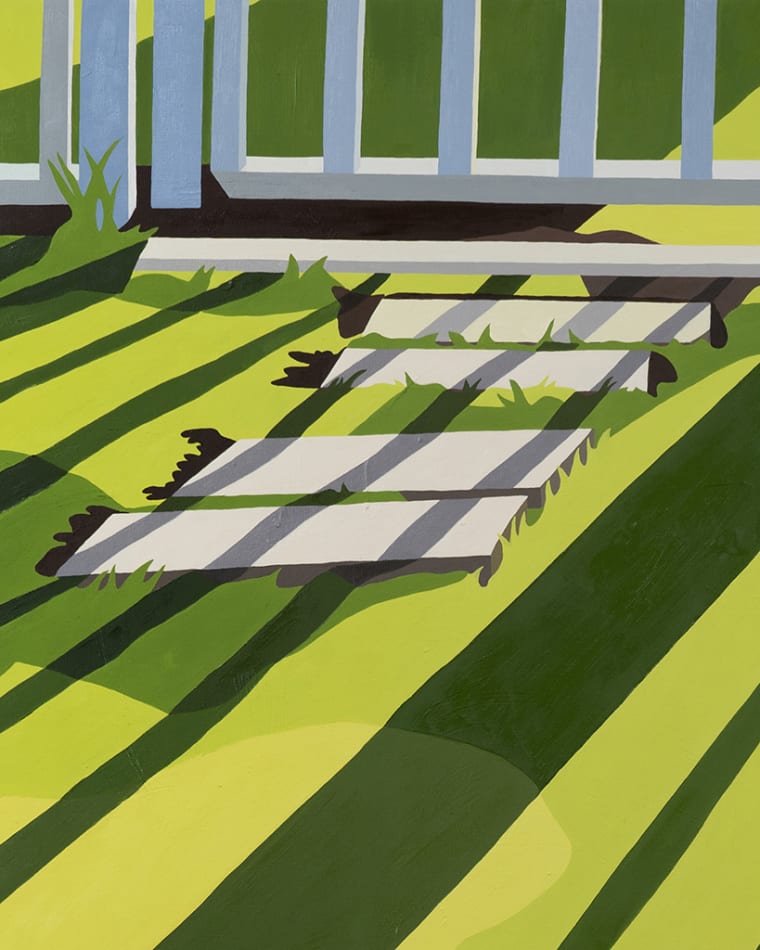 detail of Natalia Juncadella painting of white fence and grass with shadows cast over it
