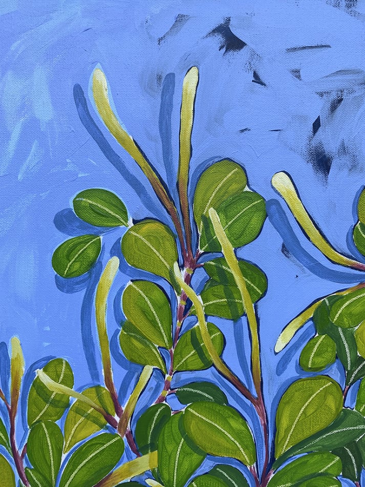 Natalia Juncadella painting of green leaves on blue background detail