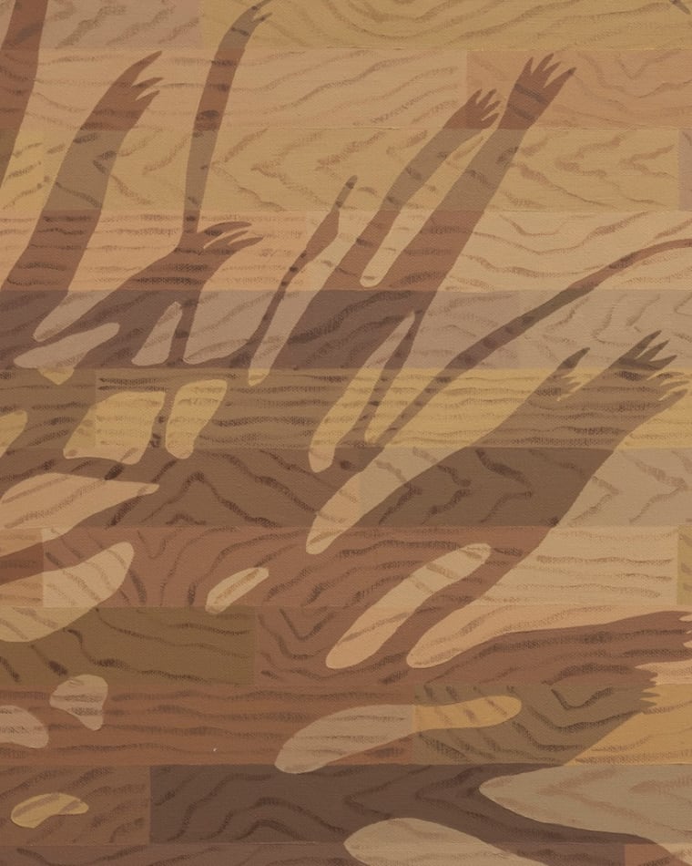 detail of Natalia Juncadella painting of wood floor with cast shadows from plant