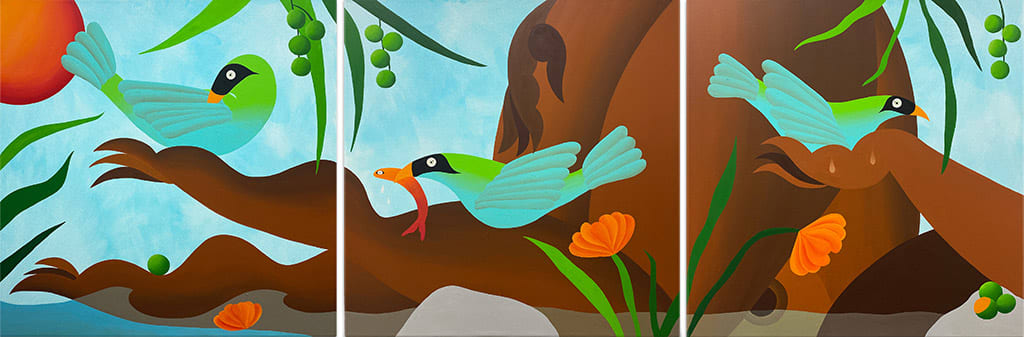 Bianca Nemelc triptych of figure, birds and flowers