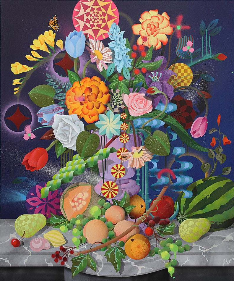 Casey Gray bright painting of fruit and flowers