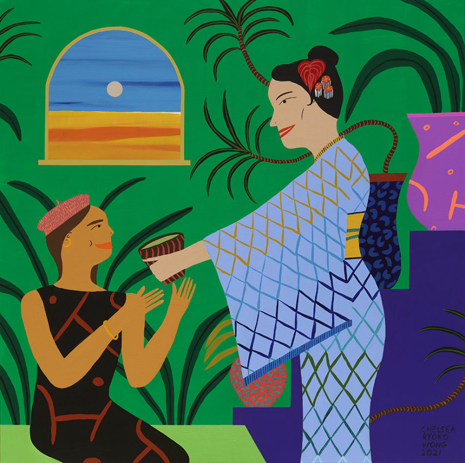 Chelsea Wong painting of geisha serving tea to woman