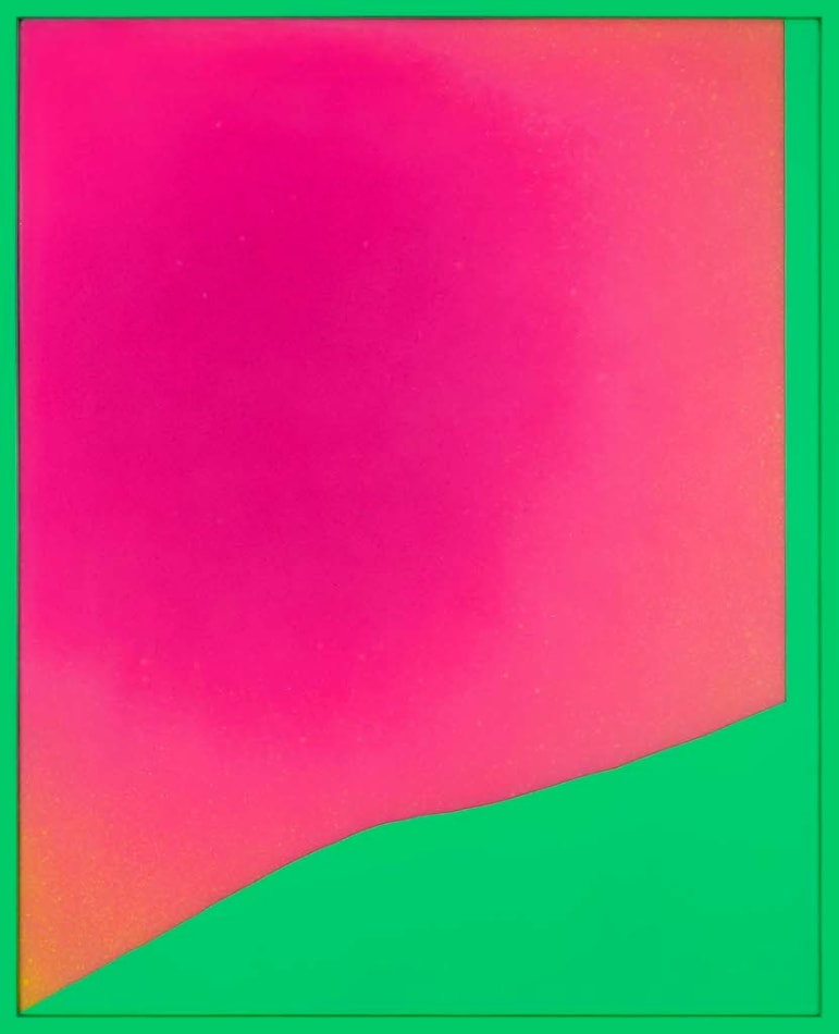 Rachel Strum paint and resin piece, abstract shapes in neon green and pink