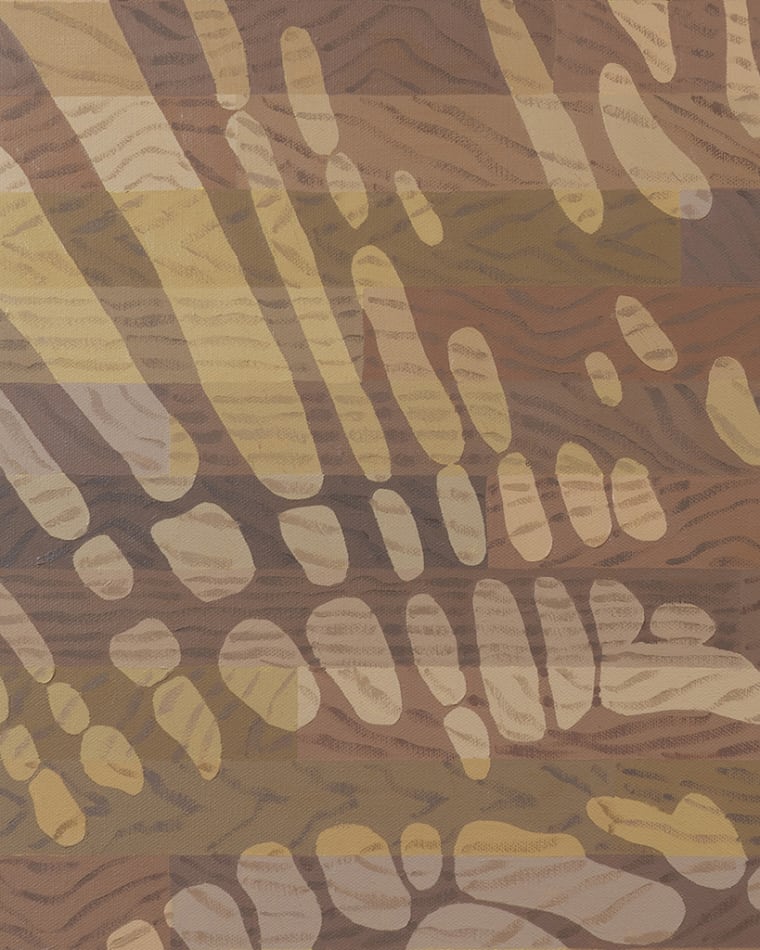 detail of Natalia Juncadella painting of wood floor with cast shadows from plant