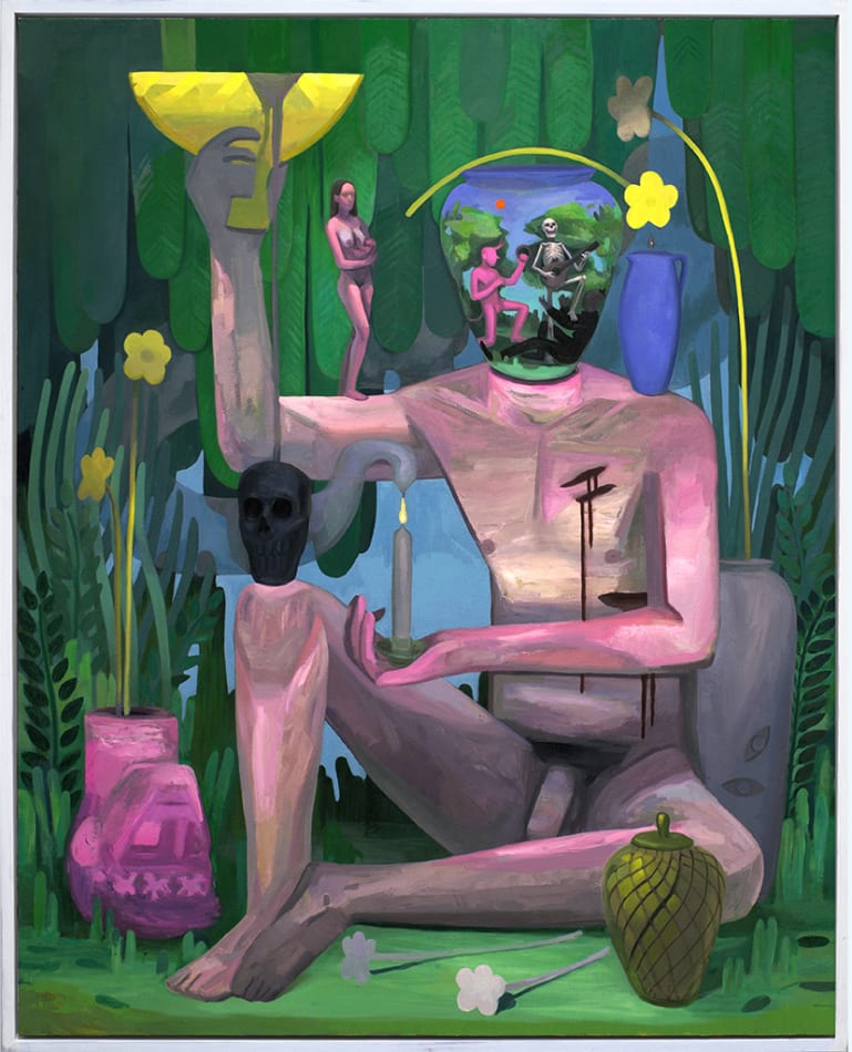 Corey Lamb painting of nude man holding candles and objects