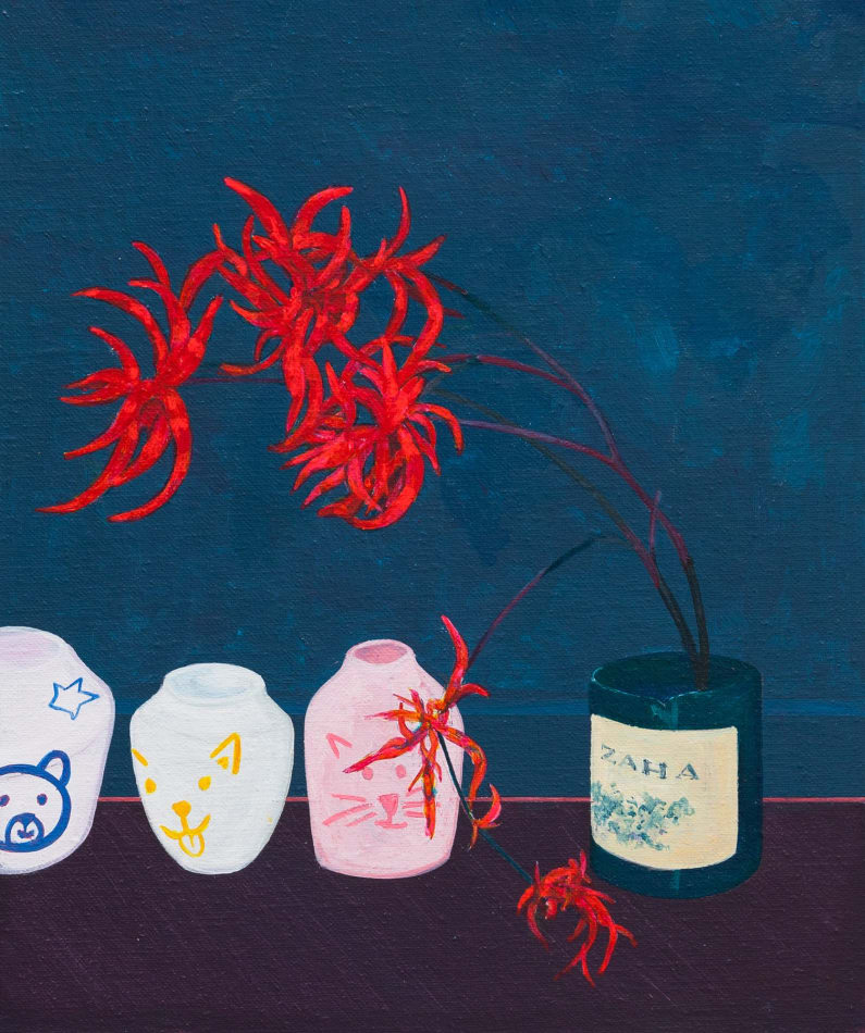 Francisco Diaz Scotto (Pastel) painting of vases lined up, one with red flowers coming out of it