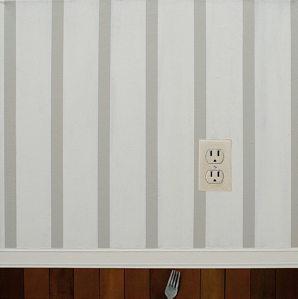 Gabe Langholtz painting of striped white wall with electrical outlet and fork on floor