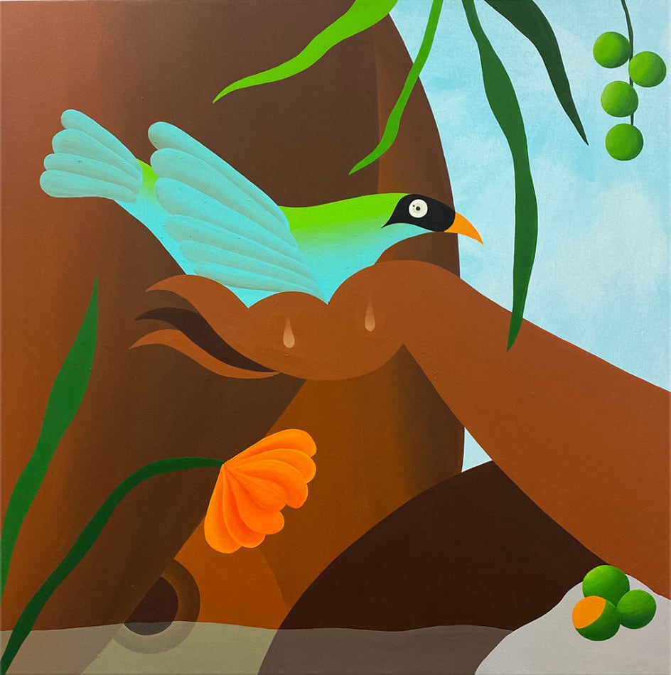 Bianca Nemelc painting of figure, birds and flowers