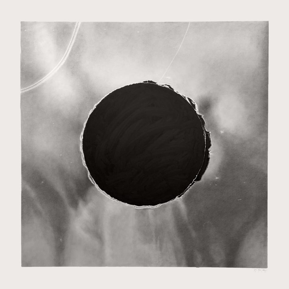Joel Daniel Phillips graphite drawing - dark black puncture hole in center with fabric detail around
