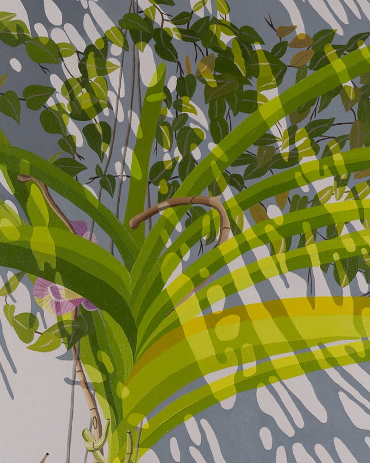 detail of Natalia Juncadella painting of orchid, plant and roots, shadows