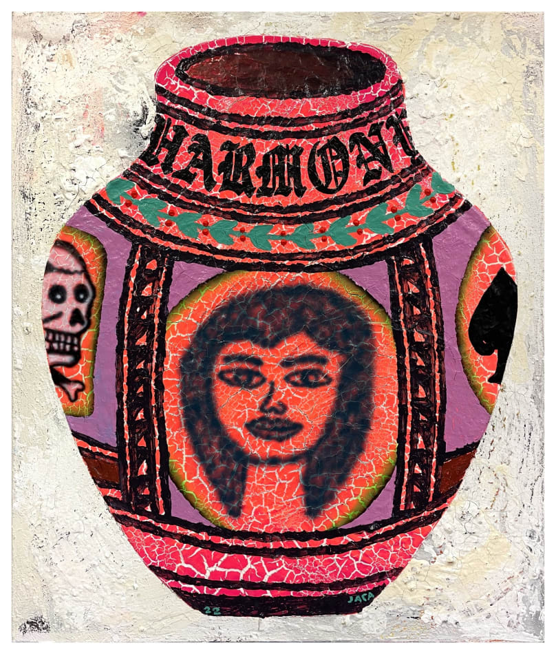 Julien Jaca's painting of a face on a vase in pink and purple