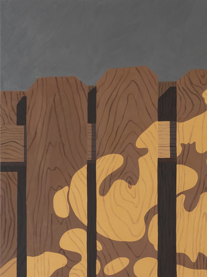 Detail of Natalia Juncadella painting of wooden fence with shadows cast over it and orchid
