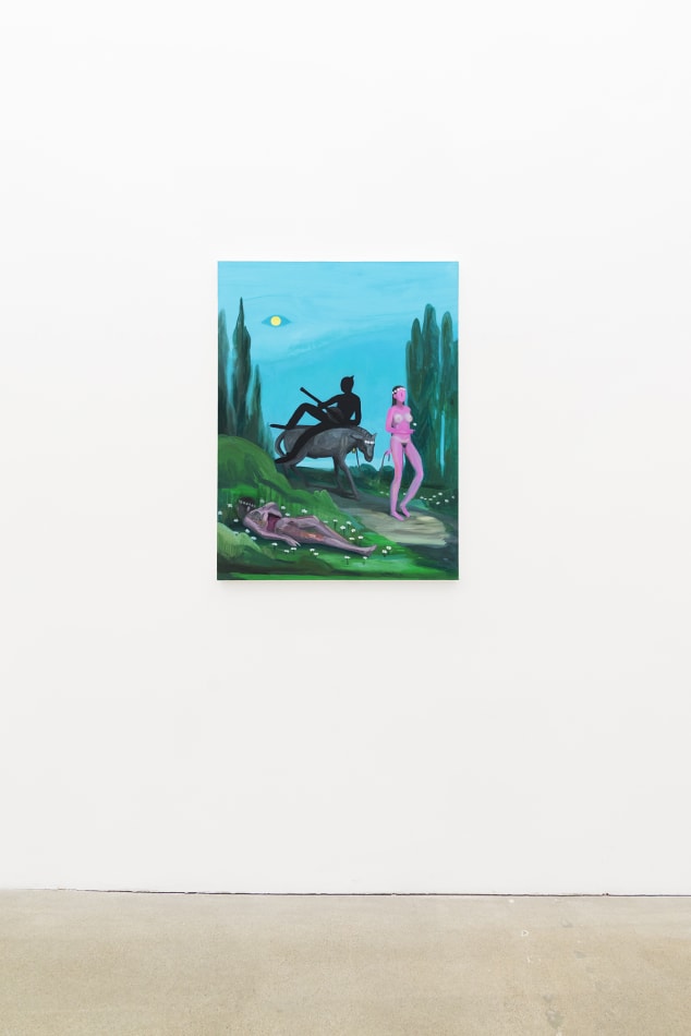 Corey K. Lamb - female figure leads horse with shadowed figure riding past body in grass