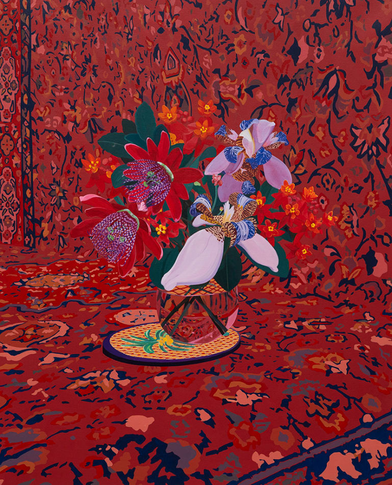 Francisco Diaz Scotto (Pastel) painting of red patterned fabric, vase with red and purple flowers sitting on top