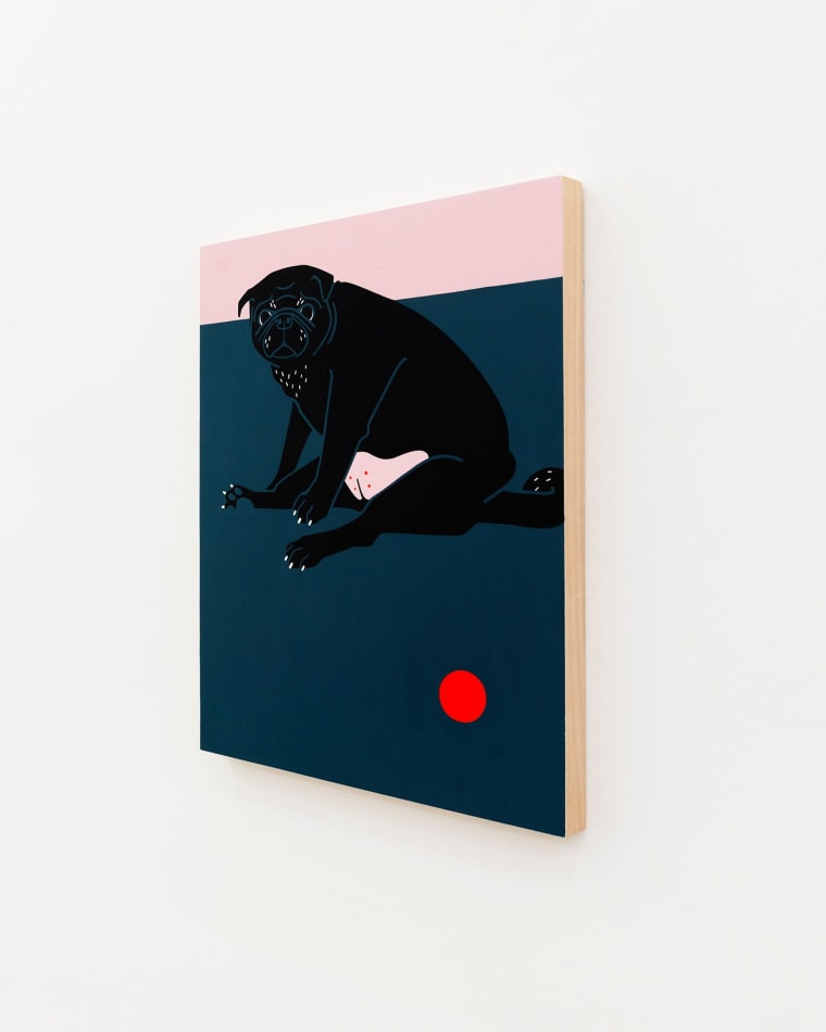 Painting of black pug and a red ball by Jillian Evelyn