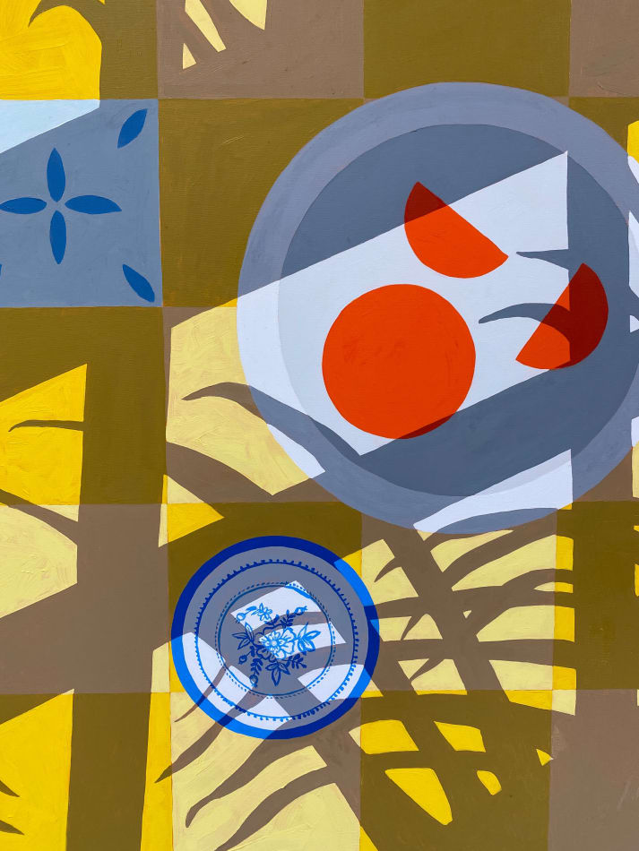Natalia Juncadella yellow painting of plants, tabletop and shadows detail