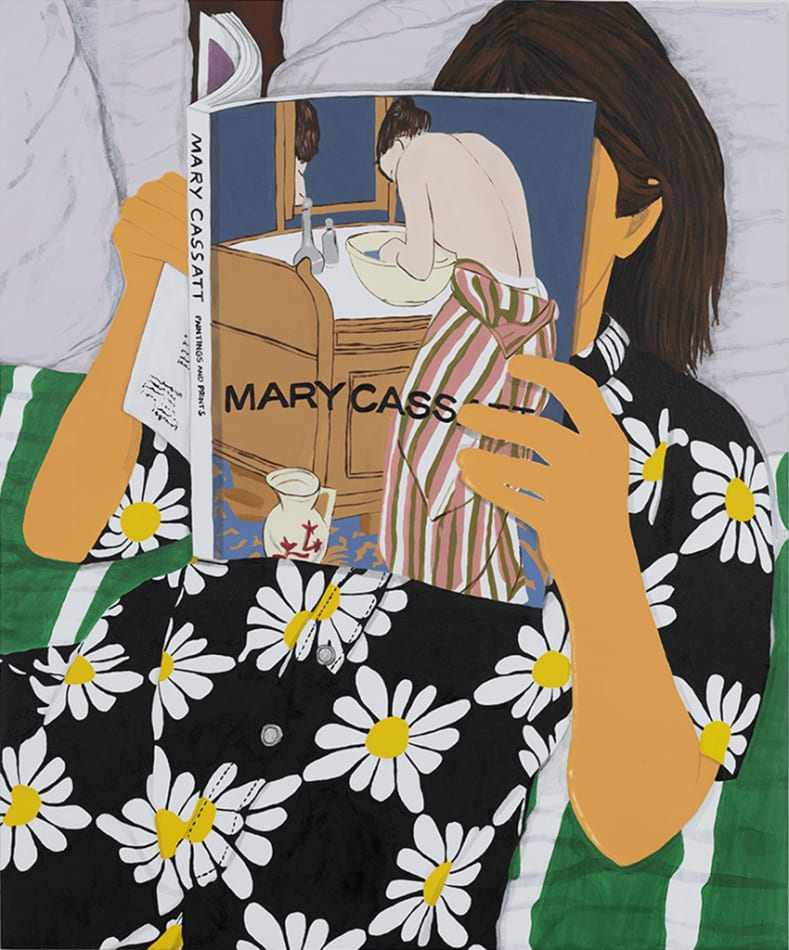 Karen Lederer painting of woman lying in bed reading Mary Cassatt book