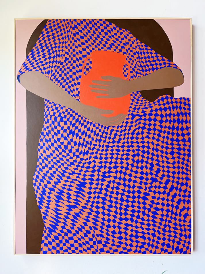 Carmen McNalls's painting of a woman holding a red vase in a checkered dress