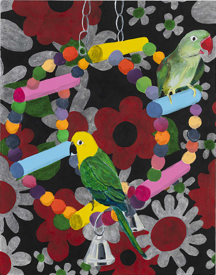 Karen Lederer painting of colorful birds on perches with red, black and silver floral background