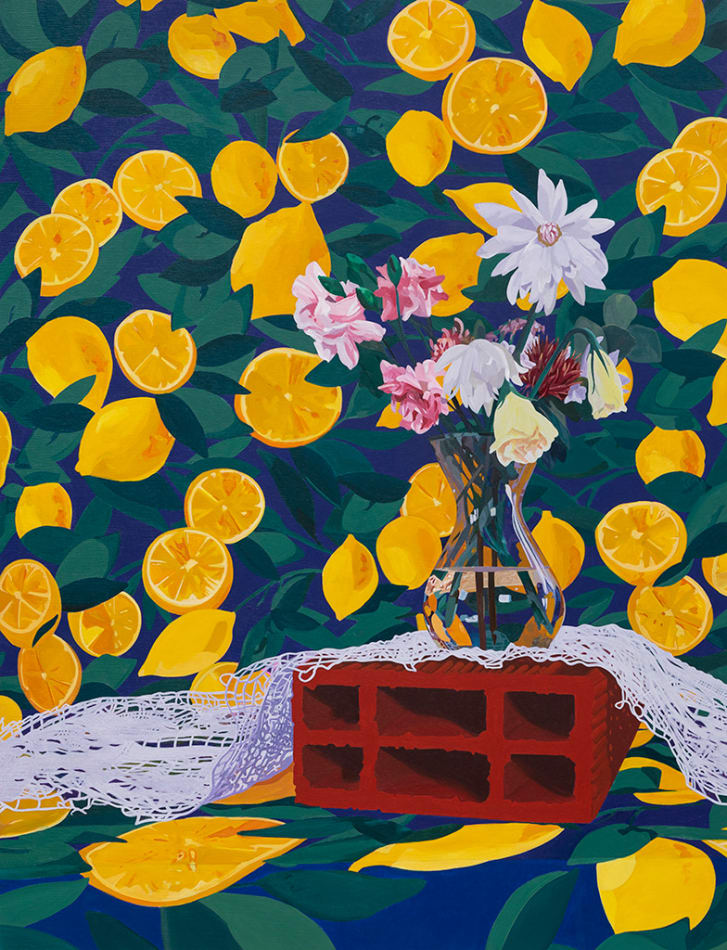 Francisco Diaz Scotto (Pastel) painting of lemon background, with a red brick in foreground. floral arrangement and white lace on top of brick