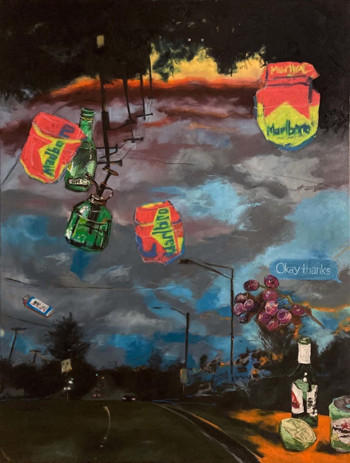 Katherine Kesey's painting of a city street with various objects floating int the sky