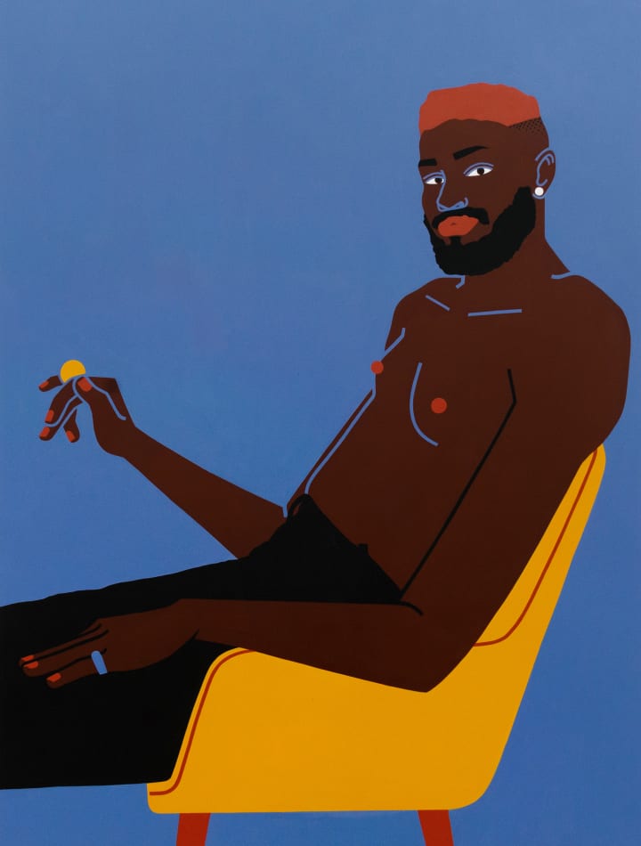 Man with red hair sitting in yellow chair holding a coin by Jillian Evelyn