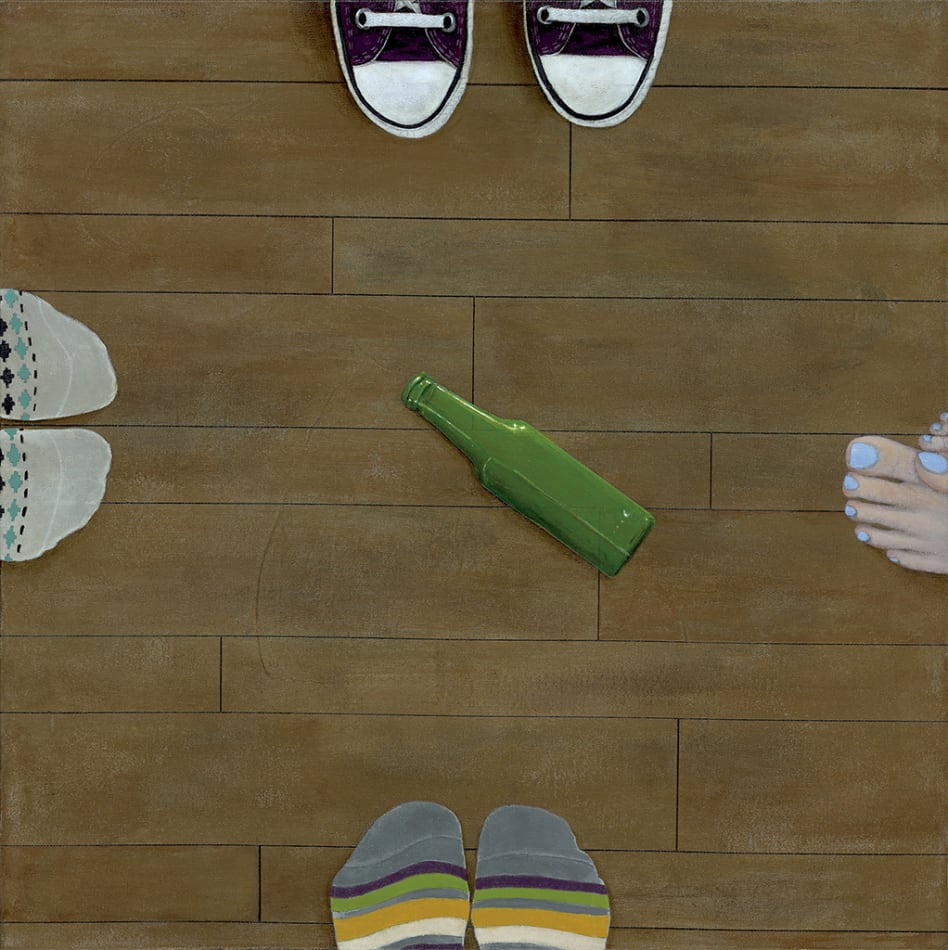 Gabe Langholtz painting of wooden floor with feet visible on all four sides and green bottle in center
