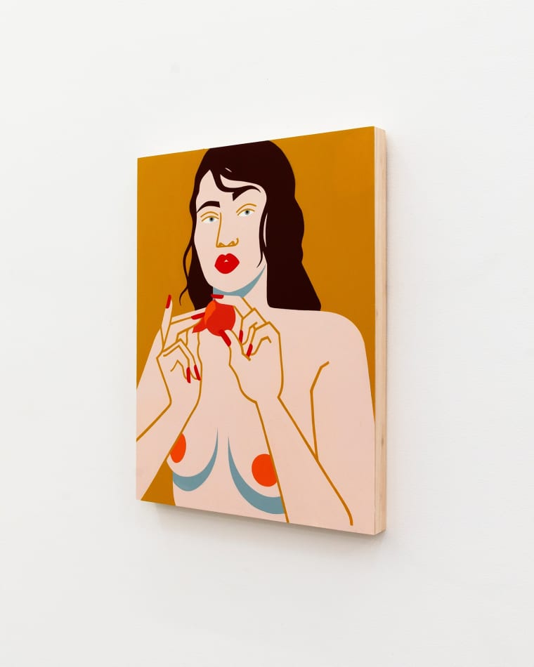 Painting of woman eating a clementine topless on a mustard yellow background by Jillian Evelyn