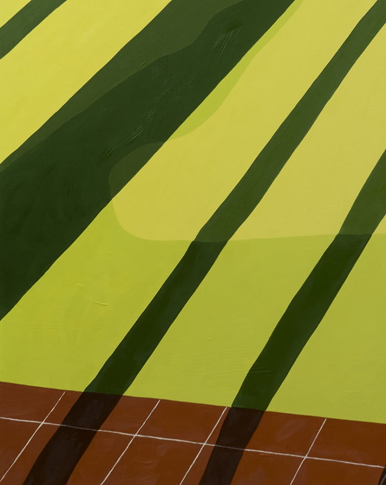 detail of Natalia Juncadella painting of white fence and grass with shadows cast over it