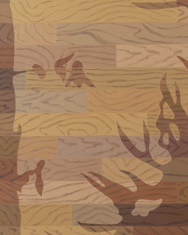 detail of Natalia Juncadella painting of wood floor with cast shadows from plant