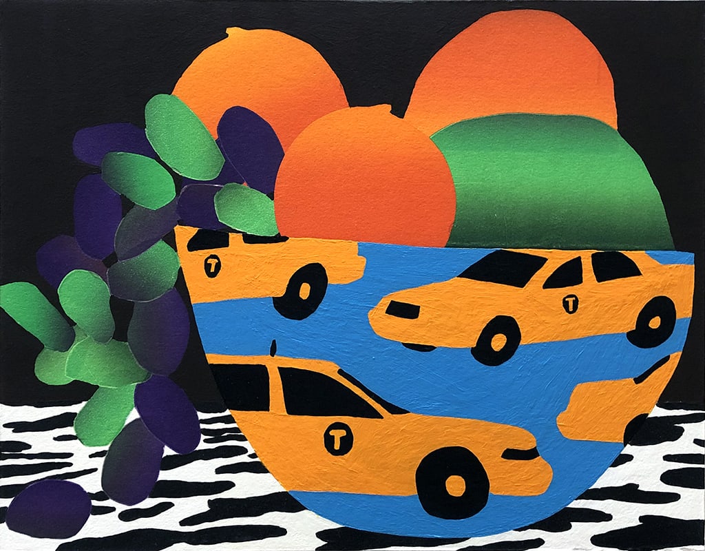 Karen Lederer painting of yellow taxi covered bowl with fruit