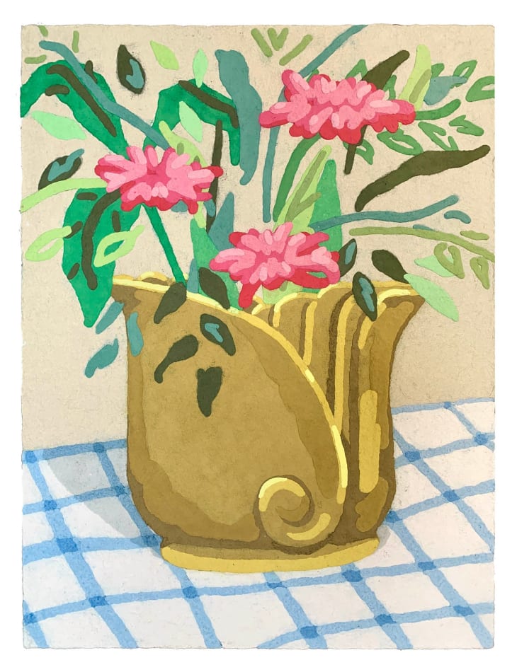 still life painting of pink flowers on a white and blue check tablecloth