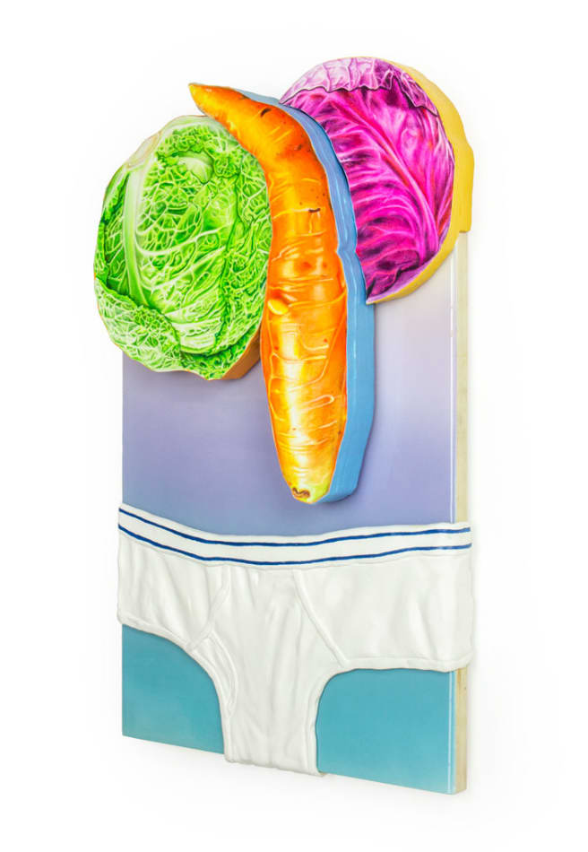 Painting of a green cabbage, a carrot and a purple cabbage above a white pair of underwear briefs.