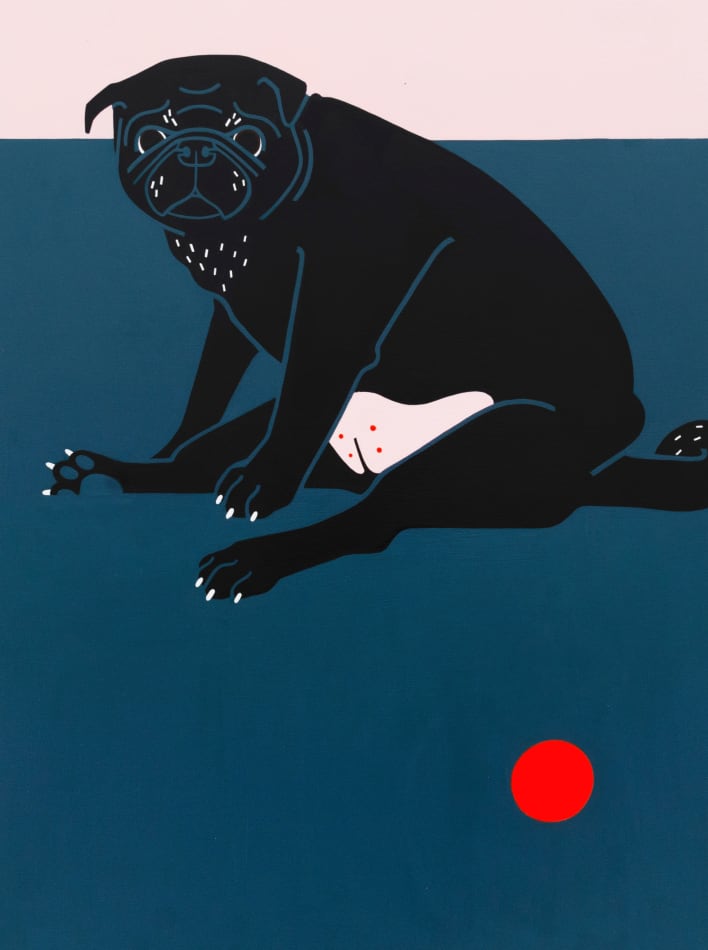 Painting of black pug and a red ball by Jillian Evelyn