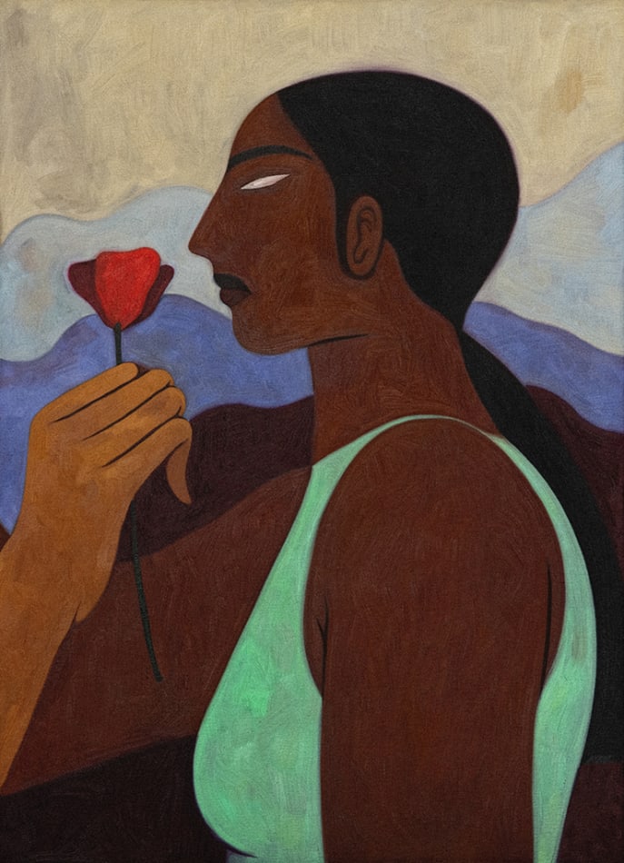 Hilda Palafox painting of woman holding flowers