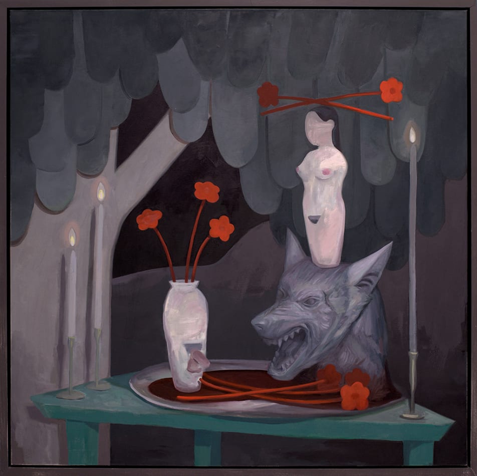 Corey Lamb painting of still life featuring nude figure, candles, wolf head and vase