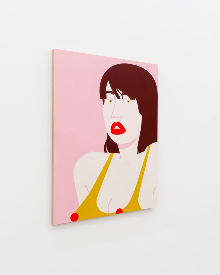 Painting of woman in yellow top and red lips on a pink background by Jillian Evelyn