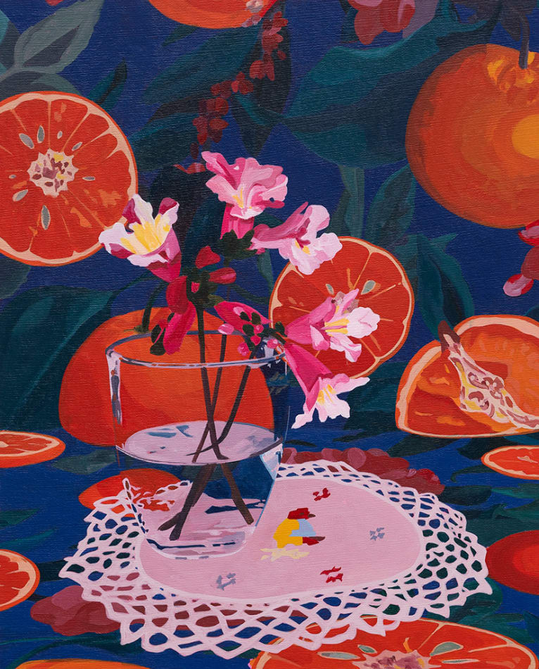 Francisco Diaz Scotto (Pastel) painting of oranges (fabric) in background, clear vase with pink flowers on white embroidery in foreground