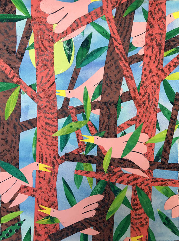 Karen Lederer collage of pink birds and branches