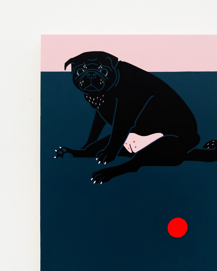 Painting of black pug and a red ball by Jillian Evelyn