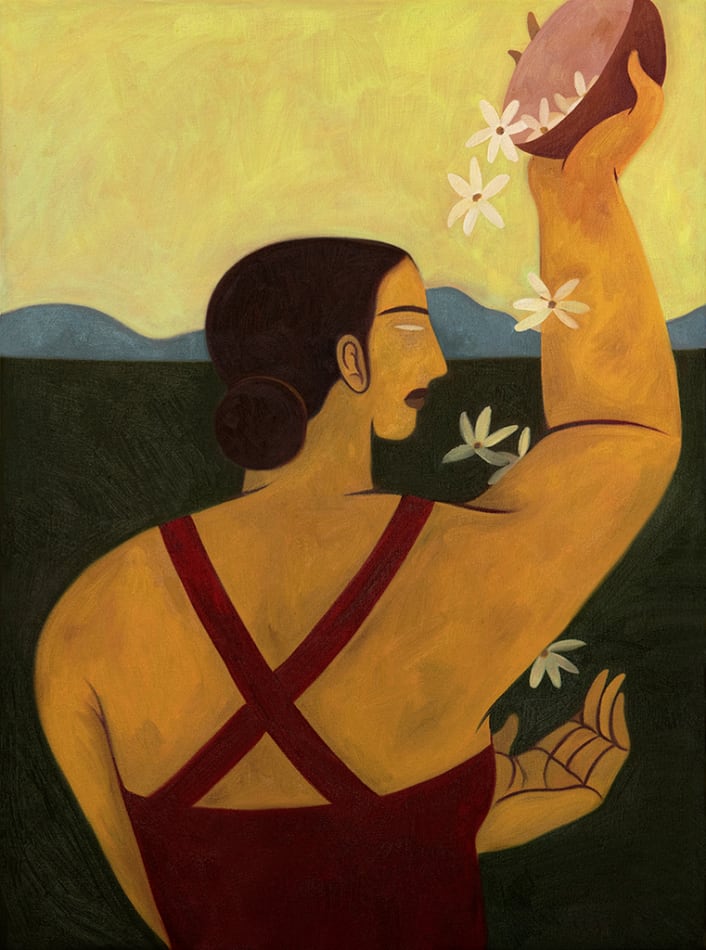 Hilda Palafox painting of woman holding bowl of flowers above head