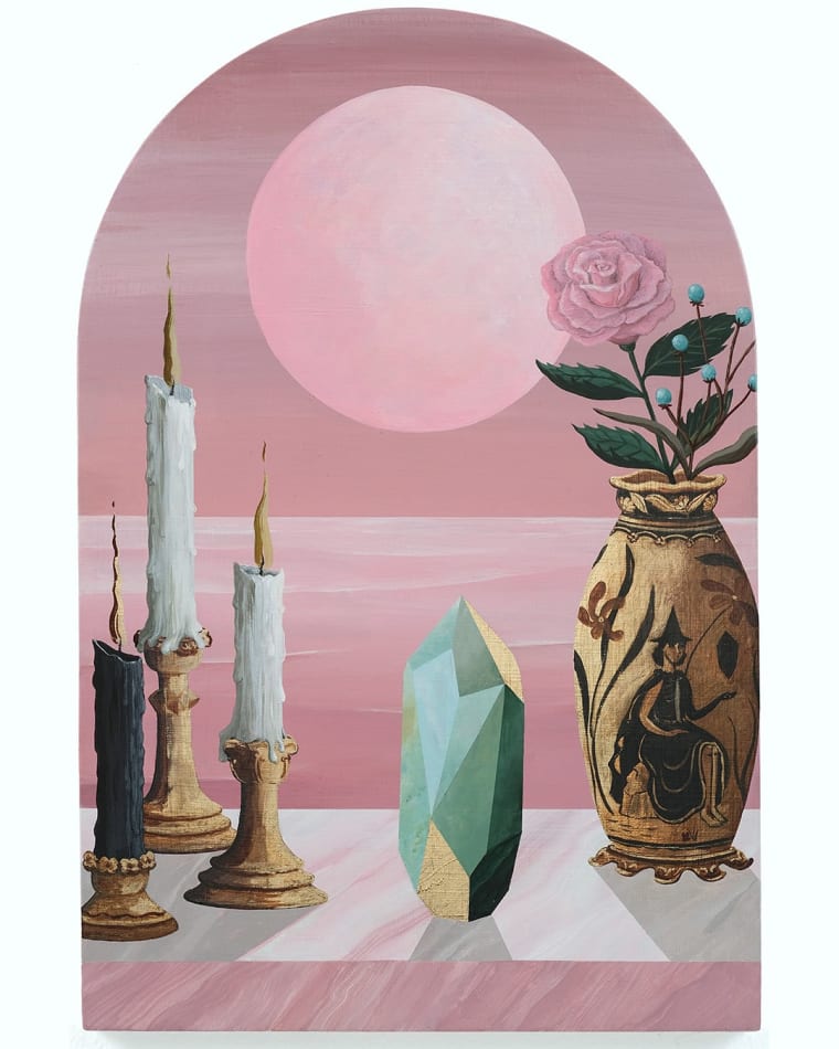 Rebecca Chaperon's painting of a pink moon with candles a crystal and an vase with a rose
